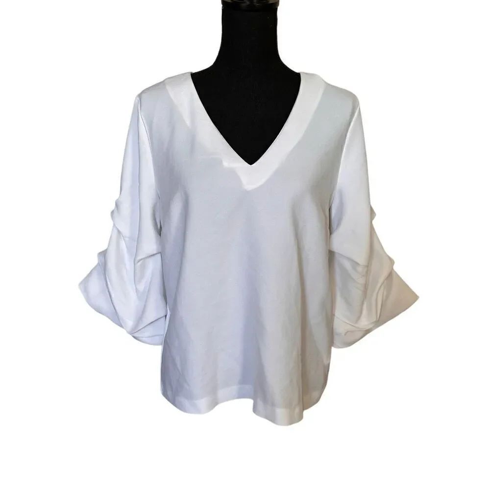 H&M White Ruffle Sleeve V-Neck Poplin Blouse Size 10
